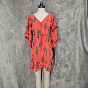Manuhealii Hawaii Red Tunic Dress V Neck Kimono Sleeve XS Oversized